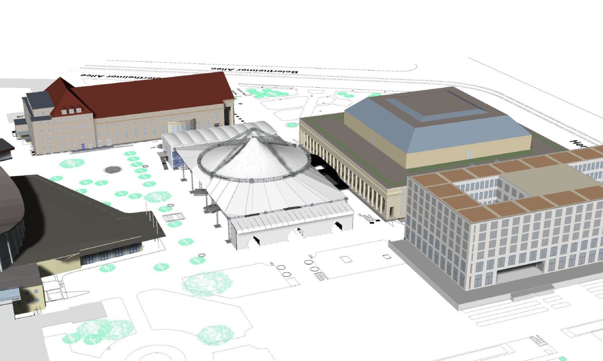  Die Planskizze zeigt die geplanten Aufbauarbeiten für die 11. Vollversammlung des Ökumenischen Rats der Kirchen. Vor der Stadthalle wird ein großes Zelt aufgebaut. 