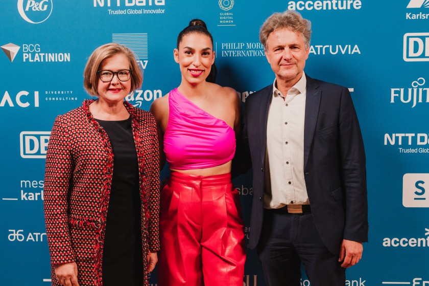 Britta Wirtz, Geschäftsführerin der Messe Karlsruhe, Tijen Onaran, Gründerin von Global Digital Women, Dr. Frank Mentrup, Oberbürgermeister der Stadt Karlsruhe (v.l.n.r.)
