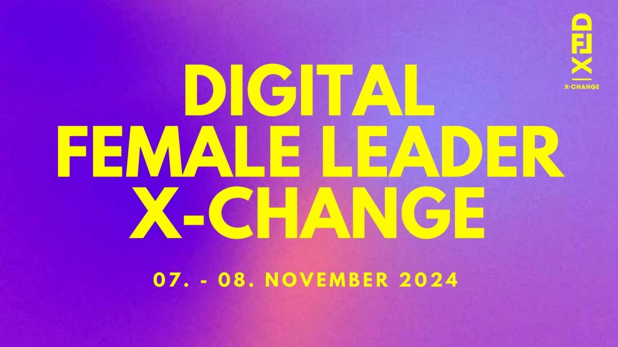Das Logo in gelber Schrift zur Digital Female Leader X-Change auf einem Lila Hintergrund.