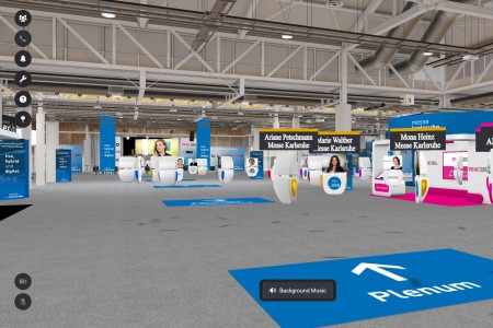 Mit ihren personalisierten Avataren bewegten sich die Teilnehmenden ähnlich einem Computerspiel durch die Halle, informierten sich an Messeständen und kamen mit anderen Teilnehmenden via Video Call ins Gespräch. (Credit: Messe Karlsruhe)