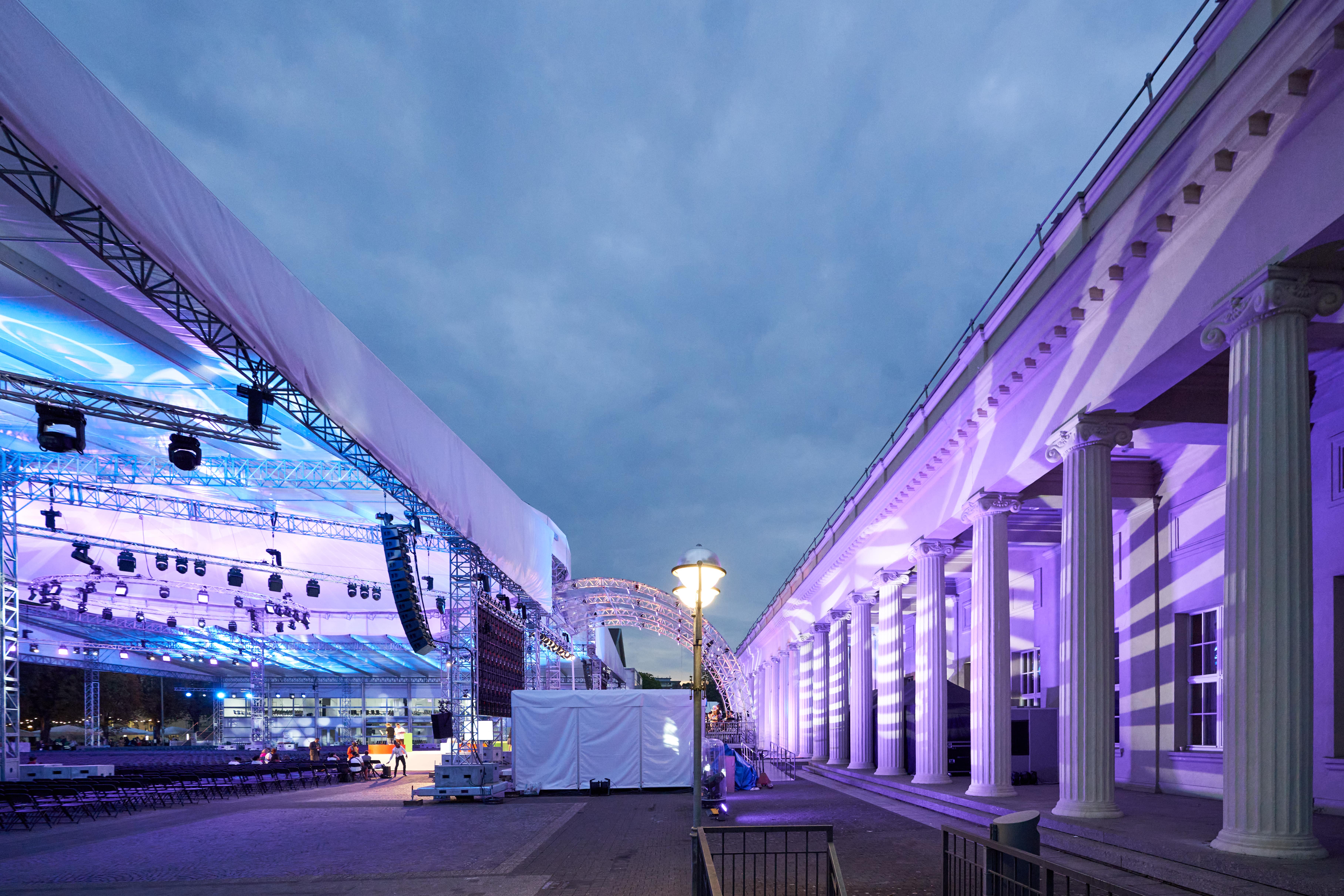 230 spotlights create an atmospheric mood at the end of the day under the Magic Sky on the fairground Credit: 